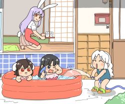 Rule 34 | 4girls, ^ ^, aged down, animal ears, barefoot, blue eyes, blunt bangs, blush, blush stickers, child, closed eyes, commentary request, d:, floppy ears, hand up, holding, hose, houraisan kaguya, inaba tewi, kneeling, koyama shigeru, long hair, looking at another, multiple girls, no headwear, one eye closed, open mouth, purple hair, rabbit ears, rabbit tail, red eyes, reisen udongein inaba, smile, spraying, swimsuit, tail, toes, touhou, v-shaped eyebrows, very long hair, wading pool, water, water gun, wet, white hair, yagokoro eirin
