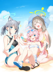 Rule 34 | 3girls, :d, ^ ^, ahoge, animal ear fluff, animal ears, applying sunscreen, ass, bare arms, bare legs, bare shoulders, beach, bikini, black one-piece swimsuit, blue archive, blue eyes, blue sky, blush, bottle, bow, breasts, cat ears, closed eyes, cloud, cloudy sky, collarbone, competition swimsuit, cross hair ornament, day, extra ears, eyewear on head, frilled bikini, frills, grey hair, hair bobbles, hair ornament, halo, hat, heterochromia, highres, hoshino (blue archive), hoshino (swimsuit) (blue archive), kani biimu, large breasts, light brown hair, long hair, looking at viewer, lotion, low twintails, medium breasts, medium hair, mismatched pupils, multicolored clothes, multicolored swimsuit, multiple girls, navel, nonomi (blue archive), nonomi (swimsuit) (blue archive), official alternate costume, one-piece swimsuit, open mouth, outdoors, pink hair, sand, sandals, shiroko (blue archive), shiroko (swimsuit) (blue archive), side-tie bikini bottom, sitting, sky, small breasts, smile, sparkle, strap slip, string bikini, sun hat, sunglasses, sunscreen, swimsuit, twintails, very long hair, white bikini, yellow eyes