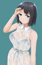 Rule 34 | adjusting hair, arm up, bare shoulders, black bra, black hair, blue background, blue eyes, bra, bra visible through clothes, breasts, closed mouth, collared dress, cowboy shot, dress, expressionless, groin, hashi, looking at viewer, medium breasts, no panties, original, see-through, short hair, simple background, sleeveless, sleeveless dress, underwear, white dress