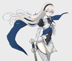 Rule 34 | 1girl, armor, ballpoint pen (medium), black gloves, black hairband, blue cape, brown eyes, cape, closed mouth, corrin (female) (fire emblem), corrin (fire emblem), faulds, fire emblem, fire emblem fates, floating hair, gloves, grey background, grey thighhighs, hair between eyes, hairband, highres, holding, holding sword, holding weapon, long hair, looking at viewer, nintendo, roroichi, silver hair, simple background, solo, standing, sword, thighhighs, traditional media, very long hair, weapon, yato (fire emblem)