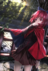 Rule 34 | 1girl, arm at side, black shirt, blouse, blurry, bow, brown skirt, building, cape, cloak, cowboy shot, depth of field, fence, hair bow, hand to own mouth, high collar, highres, long sleeves, looking afar, miniskirt, outdoors, railing, red eyes, red hair, revision, ryosios, sekibanki, shirt, short hair, skirt, solo, sunlight, touhou, tree, water, willow