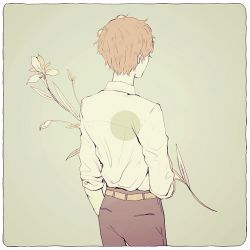 Rule 34 | 1boy, bad id, bad pixiv id, flower, framed, from behind, holding, holding flower, male focus, orange hair, original, simple background, solo, tofuvi