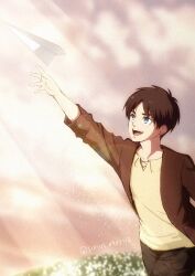 Rule 34 | 1boy, blue eyes, brown hair, brown jacket, commentary request, eren yeager, field, flower, flower field, highres, jacket, lens flare, male focus, open mouth, paper airplane, shingeki no kyojin, sirius 0905hz, smile, solo, sunlight, throwing, twitter username