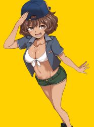 Rule 34 | 10s, 1girl, absurdres, akiyama yukari, aomushi (mushamusha), backwards hat, baseball cap, bikini, bikini top only, black footwear, blue hat, breasts, brown eyes, brown hair, casual, cleavage, commentary request, denim, denim shorts, dutch angle, female focus, front-tie top, girls und panzer, green shorts, grey shirt, hat, highres, looking at viewer, medium breasts, messy hair, open clothes, open mouth, open shirt, salute, shirt, shoes, short hair, short shorts, short sleeves, shorts, simple background, smile, solo, standing, swimsuit, tan, white bikini, yellow background