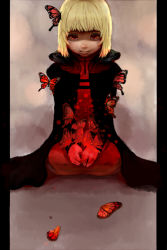 Rule 34 | 1girl, blonde hair, blunt bangs, bug, butterfly, butterfly on head, cape, child, commentary request, death, drag-on dragoon, drag-on dragoon 1, dress, full body, gloves, insect, manah, red dress, red eyes, short hair, simple background, sitting, solo