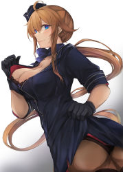 Rule 34 | 1girl, alternate costume, ass, black bra, black gloves, black panties, black pantyhose, blonde hair, blue dress, blue eyes, blue headwear, blue ribbon, blush, bra, breasts, cleavage, closed mouth, clothes lift, collarbone, commentary, commission, dress, dress lift, fal (girls&#039; frontline), feet out of frame, girls&#039; frontline, gloves, highres, lips, long hair, looking at viewer, looking to the side, marche mk14, medium breasts, neck ribbon, panties, panties under pantyhose, pantyhose, ribbon, sideboob, skeb commission, smile, solo, standing, travel attendant, underwear, uniform, white background