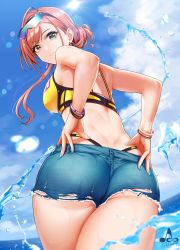 Rule 34 | 1girl, arisugawa natsuha, ass, back, bare shoulders, bikini, black eyes, blush, breasts, brown hair, day, denim, denim shorts, dimples of venus, duplicate, earrings, eyewear on head, from behind, hair up, highres, idolmaster, idolmaster shiny colors, infinote, jewelry, large breasts, long hair, looking at viewer, looking back, outdoors, shorts, smile, solo, sunglasses, swimsuit, thighs, thong bikini, tinted eyewear, torn clothes, torn shorts, wading, wet, whale tail (clothing), yellow bikini