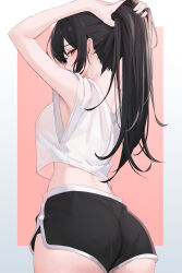 Rule 34 | 1girl, absurdres, armpits, ass, back, black hair, butt crack, cpz115, crop top, dimples of venus, dolphin shorts, from behind, highres, long hair, looking back, median furrow, original, ponytail, red eyes, shorts, sleeveless, solo