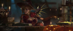 Rule 34 | 1girl, blonde hair, blue eyes, blurry, blurry background, bodice, book, brown gloves, candle, candlelight, cape, cat, cauldron, chinese commentary, commentary request, crossed legs, earrings, elbow gloves, gloves, hat, head rest, highres, jack-o&#039;-lantern, jewelry, mechanical wings, mercy (overwatch), overwatch, overwatch 1, silk, sitting, skull, solo, spider web, table, vnug7855, wings, witch, witch hat, witch mercy