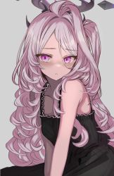 Rule 34 | 1girl, black dress, blue archive, blush, curled horns, dress, halo, highres, hina (blue archive), horns, light purple hair, long hair, looking at viewer, multiple horns, ryouta (ryouta335), simple background, sleeveless, sleeveless dress, solo, sweatdrop, very long hair, white background