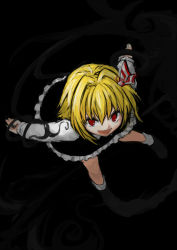 Rule 34 | 1girl, blonde hair, bow, dark, from above, hair bow, monrooru, red eyes, rumia, sash, simple background, sketch, solo, touhou