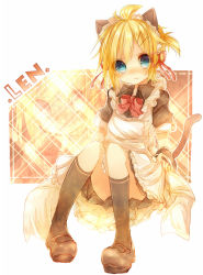 Rule 34 | 1boy, animal ears, blonde hair, blue eyes, blush, cat boy, cat ears, cat tail, crossdressing, english text, frown, full body, hair ornament, hairclip, inaresi, kagamine len, maid, maid headdress, male focus, mary janes, shoes, short hair, sitting, solo, tail, trap, vocaloid
