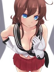 Rule 34 | 10s, 1girl, blue eyes, blush, braid, breasts, brown hair, cleavage, collarbone, gloves, highres, kantai collection, large breasts, long hair, looking at viewer, midriff, navel, noshiro (kancolle), parted lips, skirt, solo, twin braids, wa (genryusui), white gloves
