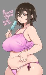 Rule 34 | 1girl, 2020, :o, agawa ryou, artist name, bare shoulders, belly, belly grab, bikini, breasts, brown eyes, brown hair, commentary, dated, fat, food, grey background, large breasts, long hair, looking at viewer, navel, original, parted lips, pink bikini, plump, popsicle, signature, simple background, skindentation, solo, swimsuit, thick thighs, thighs
