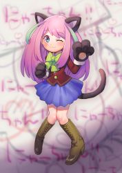 Rule 34 | 10s, 1girl, :3, ;3, animal ears, animal hands, aoki (fumomo), arm up, bad id, bad twitter id, blue eyes, boots, bow, cat ears, cat tail, gloves, hashimoto nyaa, knee boots, multicolored hair, one eye closed, osomatsu-san, paw gloves, pigeon-toed, pink hair, school uniform, solo, streaked hair, tail