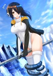 Rule 34 | 10s, 1girl, ^^^, black hair, blue sky, blush, bound, breasts, brown eyes, covered navel, cowboy shot, day, emperor penguin (kemono friends), glacier, hair over one eye, headphones, highleg, highleg leotard, highres, hood, hoodie, ice, kazenokaze, kemono friends, large breasts, leotard, long hair, looking at viewer, multicolored hair, nose blush, open clothes, open hoodie, open mouth, orange hair, sky, solo, streaked hair, thighhighs, tied up (nonsexual), wavy mouth, white leotard, white thighhighs