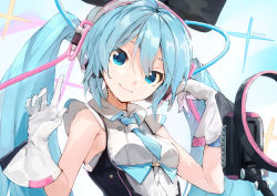 Rule 34 | 1girl, blue eyes, blue hair, blue necktie, blush, breasts, chamu (chammkue), closed mouth, collared shirt, commentary request, gloves, hair between eyes, hands up, hatsune miku, head tilt, highres, long hair, looking at viewer, magical mirai miku, magical mirai miku (2016), microphone, necktie, shirt, short necktie, sleeveless, sleeveless shirt, small breasts, smile, solo, twintails, upper body, vocaloid, white gloves, white shirt