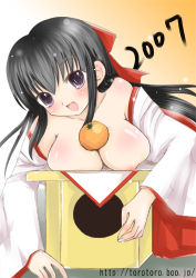 Rule 34 | 00s, 1girl, 2007, annin (almond jelly), black hair, breasts, food, food on body, food on breasts, fruit, japanese clothes, kagami mochi, large breasts, looking at viewer, lowres, mandarin orange, miko, new year, oppai mochi, orange (fruit), original, purple eyes, solo, watermark, web address