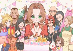 Rule 34 | 4girls, aerith gainsborough, apron, asymmetrical bangs, bald, barret wallace, beard, bindi, birthday, birthday cake, black hair, blonde hair, blue eyes, bottle, bouquet, bow, bowtie, box, bracelet, breasts, brown eyes, brown hair, cake, chisa 02, choker, closed eyes, cloud strife, collarbone, crew cut, decorations, elmyra gainsborough, everyone, facial hair, fiery tail, final fantasy, final fantasy vii, final fantasy vii remake, fingerless gloves, flower, food, formal, gift, gift box, gloves, goggles, goggles on head, green eyes, green shirt, grey eyes, hair pulled back, highres, holding, holding bottle, jacket, jewelry, large breasts, lily (flower), long hair, marlene wallace, midriff, moogle, multiple boys, multiple girls, navel, necklace, necktie, open collar, open mouth, party popper, red fur, red hair, red jacket, red xiii, reno (ff7), ribbon, rude (ff7), scar, scar on face, shirt, short hair, skirt, spiked hair, square enix, straight hair, stuffed toy, suit, sunglasses, suspender skirt, suspenders, tail, tifa lockhart, tseng, wavy hair, yellow flower