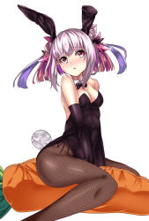 Rule 34 | 1girl, animal ears, black bow, black bowtie, black gloves, black leotard, black pantyhose, bow, bowtie, carrot, detached collar, elbow gloves, fake animal ears, fishnet pantyhose, fishnets, gloves, haku (p&amp;d), highres, leotard, multicolored hair, pantyhose, pillow, playboy bunny, purple hair, puzzle &amp; dragons, rabbit ears, rabbit tail, red eyes, riding, setu (shining12), short hair, simple background, solo, strapless, strapless leotard, tail, two-tone hair, white background, wrist cuffs