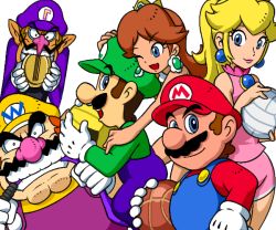 Rule 34 | 2girls, 4boys, artist request, ball, basketball (object), biting, blonde hair, blue eyes, brown hair, coin, crown, dodgeball, earrings, facial hair, gem, gloves, hand on shoulder, hat, holding, holding ball, jewelry, long hair, looking at viewer, looking back, luigi, mario, mario (series), mario sports mix, money, multiple boys, multiple girls, mustache, nintendo, one eye closed, open mouth, pink shorts, princess, princess daisy, princess peach, shorts, smile, super mario bros. 1, super mario land, suspenders, teeth, tomboy, volleyball (object), waluigi, wario, wario land, white background, wink