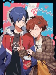 Rule 34 | 1boy, 1girl, alternate costume, black shirt, blue eyes, blue hair, brown hair, brown jacket, closed eyes, coca-cola, cup, disposable cup, gegeblue, grin, highres, holding, holding cup, hood, hooded jacket, hug, jacket, locked arms, long hair, long sleeves, looking to the side, open clothes, open jacket, persona, persona 3, persona 3 portable, plaid, plaid jacket, ponytail, shiomi kotone, shirt, short hair, skirt, smile, v, white shirt, yellow skirt, yuuki makoto (persona 3)
