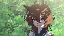 Rule 34 | 1girl, absurdres, agnes tachyon (umamusume), ahoge, animal ears, brown hair, closed mouth, coat, collared shirt, day, earrings, hair between eyes, highres, horse ears, jewelry, looking at viewer, medium hair, outdoors, portrait, red eyes, shade, shirt, single earring, smile, solo, tree, umamusume, watou, white coat