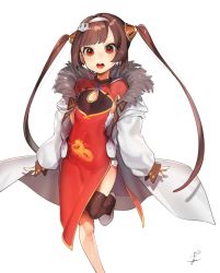Rule 34 | 1girl, absurdres, azur lane, bad id, bad pixiv id, black thighhighs, brown hair, china dress, chinese clothes, coat, covered erect nipples, dress, flat chest, hairband, highres, leg lift, long hair, ohisashiburi, open mouth, ping hai (azur lane), red dress, red eyes, shoes, single thighhigh, solo, standing, standing on one leg, thighhighs, twintails, white coat