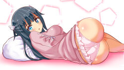 Rule 34 | 1girl, amano nene (vtuber), ass, black hair, blue eyes, blush, breasts, cougar (cougar1404), from behind, hair ornament, long hair, looking at viewer, lying, medium breasts, on side, panties, pillow, production kawaii, shiny clothes, shiny skin, sideboob, solo, underwear, very long hair, virtual youtuber, wedgie