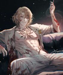 Rule 34 | 1boy, black nails, blonde hair, blood, blood on arm, blood on face, chest tattoo, cigarette, commentary, english commentary, gi (xogieve), highres, holding, holding cigarette, jacket, luca kaneshiro, luca kaneshiro (1st costume), male focus, nijisanji, nijisanji en, open clothes, open jacket, pants, purple eyes, short sidetail, sitting, solo, spread legs, striped clothes, striped pants, tattoo, topless male, virtual youtuber, white jacket, white pants