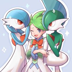 Rule 34 | 1boy, ;d, alternate color, bow, bowtie, buttons, coat, commentary, creatures (company), ffccll, gallade, game freak, gardevoir, gen 3 pokemon, gen 4 pokemon, green hair, grey background, grey eyes, male focus, nintendo, official alternate costume, one eye closed, open mouth, orange bow, orange bowtie, outline, pokemon, pokemon masters ex, shiny pokemon, short hair, shorts, smile, sparkle, swept bangs, tongue, wally (pokemon), wally (sygna suit) (pokemon), white coat, white shorts