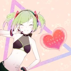 Rule 34 | 1girl, blush, clenched teeth, closed eyes, clothing cutout, delutaya, diagonal bangs, green hair, hand on own hip, happy synthesizer (vocaloid), highres, indie virtual youtuber, navel, solo, taiyu, teeth, triangle hair ornament, twintails, underboob cutout, utaite, virtual youtuber, vocaloid