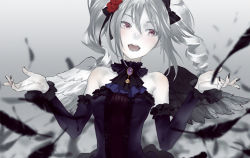 Rule 34 | 10s, 1girl, bare shoulders, black wings, blush, breasts, detached sleeves, dress, drill hair, flower, hair flower, hair ornament, hair ribbon, idolmaster, idolmaster cinderella girls, kanzaki ranko, long hair, nail polish, open mouth, red eyes, redjuice, revision, ribbon, silver hair, sleeveless, sleeveless dress, small breasts, smile, solo, twin drills, twintails, wings