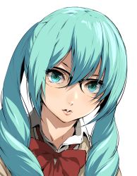 Rule 34 | 1girl, :o, absurdres, black-framed eyewear, blue eyes, blue hair, bow, bowtie, close-up, collared shirt, enami katsumi, glasses, hatsune miku, highres, long hair, looking at viewer, matching hair/eyes, open mouth, over-rim eyewear, pink lips, red bow, red bowtie, semi-rimless eyewear, shirt, simple background, solo, twintails, upper body, vocaloid, white background, wing collar