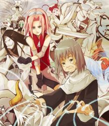Rule 34 | 2girls, 6+boys, arm warmers, aura, bandaged leg, bandages, bare shoulders, bike shorts, black eyes, black gloves, buckle, chiyo (naruto), clenched hands, closed mouth, fighting stance, forehead protector, gloves, green eyes, grey hair, hair intakes, hands up, haruno sakura, konohagakure symbol, light smile, long sleeves, looking at viewer, miniskirt, multiple boys, multiple girls, naruto (series), naruto shippuuden, old, old woman, outstretched arms, parted bangs, pink hair, pink skirt, pouch, puppet, puppet strings, short hair, shorts, shorts under skirt, side slit, skirt, smile, sword, thigh pouch, weapon, wide sleeves, yokige, zipper, zipper pull tab