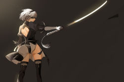 Rule 34 | 1girl, ass, back, back cutout, black blindfold, black dress, black gloves, black hairband, blindfold, boots, clothing cutout, covered eyes, dress, feather-trimmed sleeves, from behind, gloves, hairband, holding, holding sword, holding weapon, katana, long sleeves, looking to the side, lynn--ll, nier (series), nier:automata, outstretched arm, silver hair, solo, sword, thigh boots, thighhighs, thighhighs under boots, vambraces, virtuous contract, weapon, wind, wind lift, 2b (nier:automata)