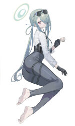 Rule 34 | 1girl, absurdres, ass, barefoot, black gloves, black pants, blue archive, braid, breasts, closed eyes, cup, echj, eyewear on head, feet, full body, gloves, hair over one eye, halo, highres, holding, holding cup, long hair, long sleeves, medium breasts, mina (blue archive), pants, ponytail, red eyes, shirt, simple background, solo, sunglasses, very long hair, white background, white shirt