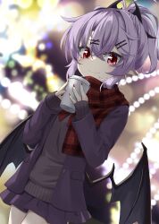 Rule 34 | 1girl, akisome hatsuka, alternate costume, alternate hairstyle, cup, jacket, miniskirt, pleated skirt, ponytail, purple hair, red eyes, red scarf, remilia scarlet, scarf, skirt, slit pupils, smile, solo, sweater, touhou