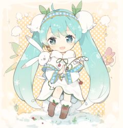 Rule 34 | 1girl, :d, ahoge, animal, blue hairband, blush, boots, brown footwear, capelet, chibi, commentary request, dress, flower, fur-trimmed boots, fur-trimmed capelet, fur trim, green eyes, green hair, green ribbon, hair flower, hair ornament, hairband, hatsune miku, holding, holding flower, linfi-muu, long hair, neck ribbon, open mouth, polka dot, polka dot background, rabbit, ribbon, smile, snow, twintails, very long hair, vocaloid, white capelet, white dress, white flower, yuki miku, yukine (vocaloid)