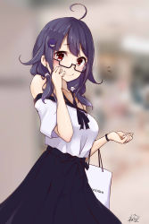 Rule 34 | 1girl, absurdres, ahoge, alternate costume, bag, bespectacled, black-framed eyewear, black skirt, blurry, blurry background, blush, carrying bag, casual, closed mouth, collarbone, depth of field, glasses, hair flaps, hair ornament, highres, kantai collection, long hair, low twintails, mitsukoshi (department store), neve (morris-minicooper), off-shoulder shirt, off shoulder, purple hair, red eyes, shirt, shopping bag, signature, skirt, smile, solo, taigei (kancolle), twintails, whale hair ornament, white shirt, wristband