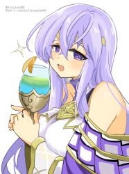 Rule 34 | 1girl, bare shoulders, breasts, chalice, circlet, cup, dress, fire emblem, fire emblem: genealogy of the holy war, holding, holding cup, julia (fire emblem), large breasts, long hair, looking at viewer, medium breasts, nintendo, purple eyes, purple hair, solo, yukia (firstaid0)