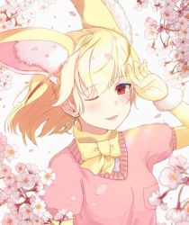 Rule 34 | 10s, 1girl, ancolatte (onikuanco), animal ears, blonde hair, blurry, blush, bow, bowtie, breast pocket, brown eyes, cherry blossoms, depth of field, extra ears, fennec (kemono friends), floating hair, fox ears, fur trim, gloves, hand up, kemono friends, looking at viewer, one eye closed, petals, pink sweater, pocket, short-sleeved sweater, short sleeves, solo, sweater, upper body, yellow bow, yellow bowtie, yellow gloves