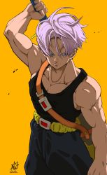 Rule 34 | 1boy, absurdres, belt, biceps, black tank top, blue eyes, dragon ball, dragonball z, hair between eyes, high-waist pants, highres, liedein, light purple hair, muscular, muscular male, pants, pectoral cleavage, pectorals, scabbard, sheath, signature, simple background, solo, sword, tank top, trunks (dragon ball), trunks (future) (dragon ball), twitter username, weapon, weapon on back, yellow background