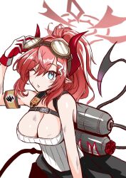Rule 34 | 1girl, armband, blue archive, blue eyes, breasts, cleavage, dirty, dirty clothes, gas tank, gloves, goggles, goggles on head, hair between eyes, halo, highres, horns, large breasts, long hair, looking at viewer, megu (blue archive), one eye closed, pointy ears, ponytail, red hair, ribbed tank top, sidelocks, simple background, solo, suke (share koube), tail, tank top, tongue, white background, white tank top