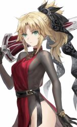 Rule 34 | 1girl, belt, blonde hair, bodystocking, braid, breasts, clarent (fate), dress, fate/apocrypha, fate (series), french braid, green eyes, hair ribbon, highres, long hair, long sleeves, looking at viewer, mordred (fate), mordred (fate/apocrypha), parted bangs, ponytail, red dress, ribbon, sideboob, sidelocks, small breasts, solo, sword, tonee, weapon