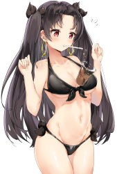 Rule 34 | 1girl, absurdres, bikini, black bikini, black hair, blush, breasts, bubble tea, bubble tea challenge, collarbone, commentary request, drinking straw, earrings, fate/grand order, fate (series), hands up, highres, hoop earrings, ishtar (fate), ishtar (fate), jewelry, long hair, medium breasts, mouth hold, natsuichi-sama, navel, red eyes, revision, side-tie bikini bottom, simple background, solo, swimsuit, two side up, white background