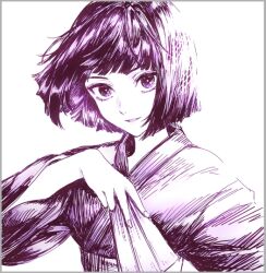 Rule 34 | 1boy, androgynous, arm up, bob cut, crosshatching, folding fan, gradient clothes, gradient hair, hand fan, hatching (texture), holding, holding fan, hunter x hunter, japanese clothes, kalluto zoldyck, kimono, light smile, looking at viewer, mr (llwis41), multicolored hair, obi, purple eyes, purple hair, purple kimono, sash, short hair, simple background, smile, wide sleeves