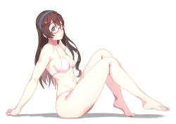 Rule 34 | 1girl, barefoot, bikini, black hair, blue hairband, breasts, cleavage, collarbone, commentary request, full body, glasses, green eyes, hairband, kantai collection, long hair, looking at viewer, medium breasts, navel, ooyodo (kancolle), pursed lips, reclining, semi-rimless eyewear, shadow, sidelocks, simple background, sitting, small breasts, solo, string bikini, swimsuit, under-rim eyewear, white background, white bikini, yuuji (and)