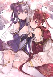 Rule 34 | 2girls, azur lane, bare shoulders, blue eyes, breasts, bridal gauntlets, chao ho (azur lane), cherry blossoms, cleavage, cleavage cutout, closed mouth, clothing cutout, commentary request, cone hair bun, double bun, frown, garter straps, hair between eyes, hair bun, hair rings, highres, holding hands, looking at viewer, multicolored hair, multiple girls, purple eyes, purple hair, red hair, shibaebi (yasaip game), siblings, sidelocks, sisters, sitting, smile, streaked hair, thighhighs, white hair, white legwear, ying swei (azur lane)