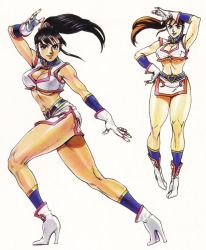 Rule 34 | 1990s (style), 1girl, alternate hair color, arm up, black hair, breasts, brown hair, cleavage, fighting stance, fingerless gloves, full body, gloves, hand on own hip, high heels, high ponytail, hiryuu no ken, large breasts, long hair, min min (hiryuu no ken), miniskirt, multiple views, muscular, muscular female, navel, non-web source, official art, retro artstyle, scan, side slit, simple background, skirt, standing, underboob, white background